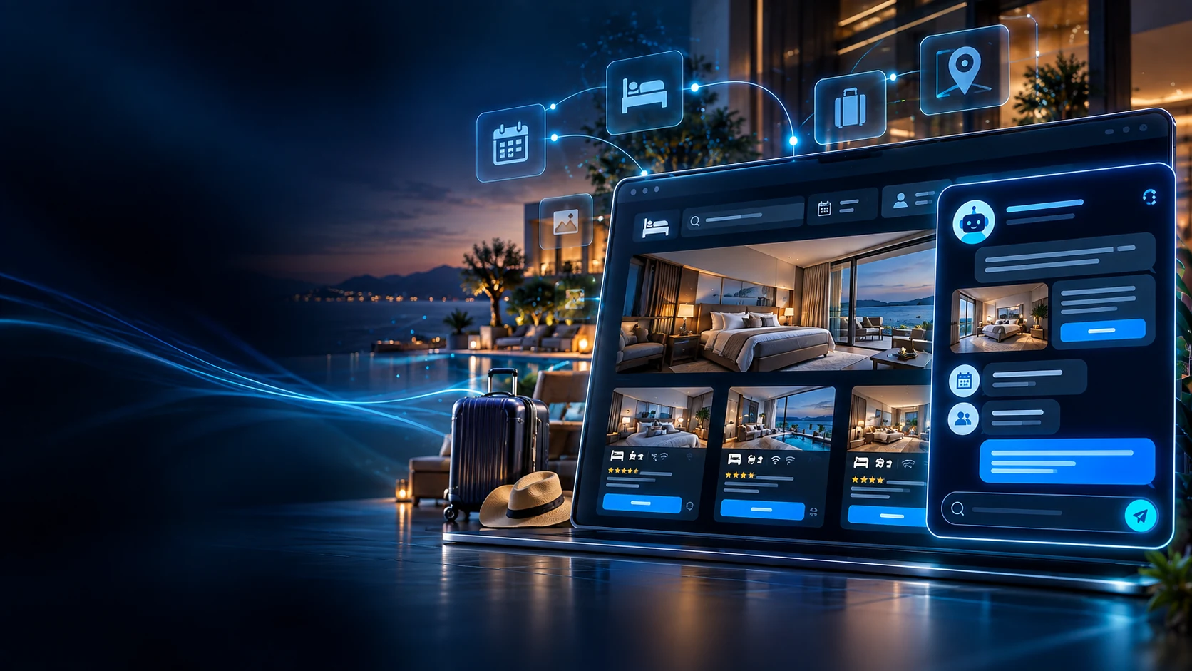 AI Booking Assistant hotel chatbot and reservation guide widget
