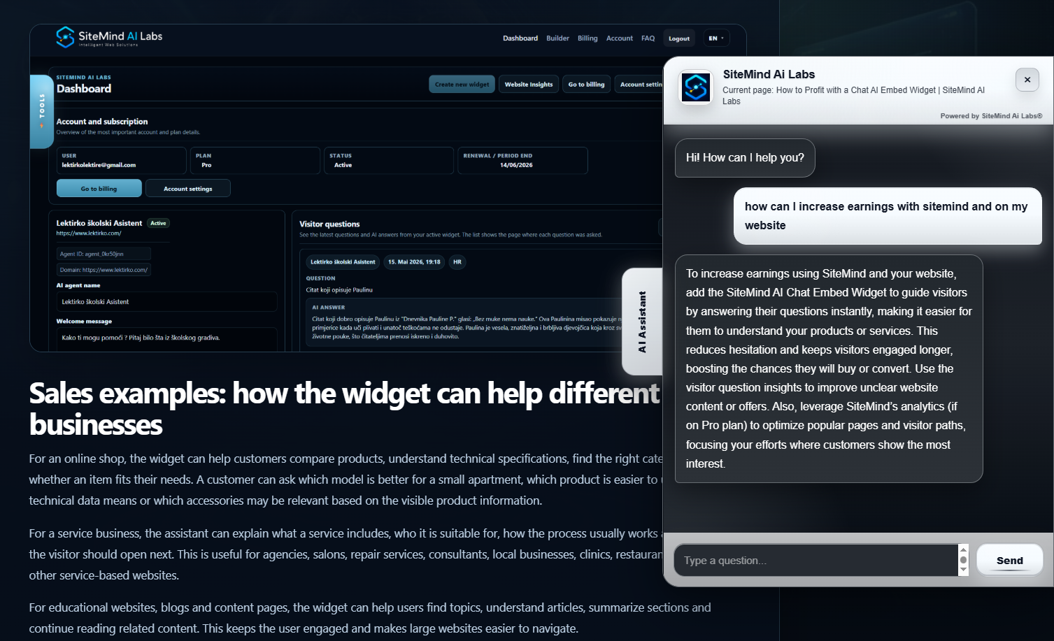 SiteMind AI chat widget desktop primjer na web stranici