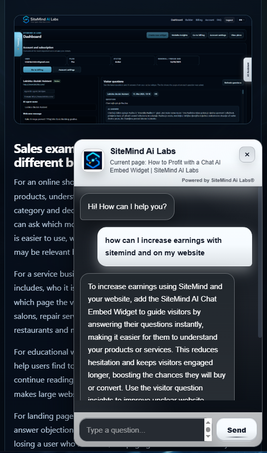 SiteMind AI chat widget mobilni primjer na web stranici