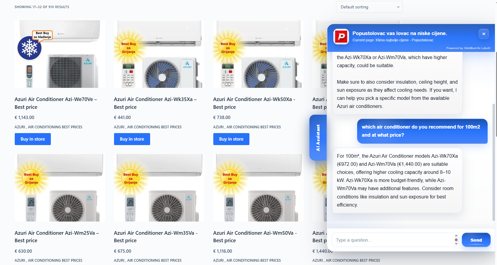 SiteMind AI chat widget desktop primjer u webshopu
