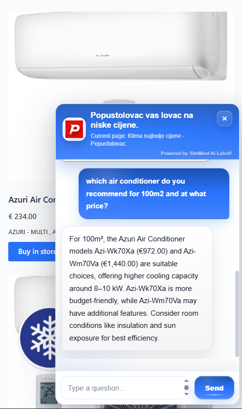 SiteMind AI chat widget mobilni primjer u webshopu